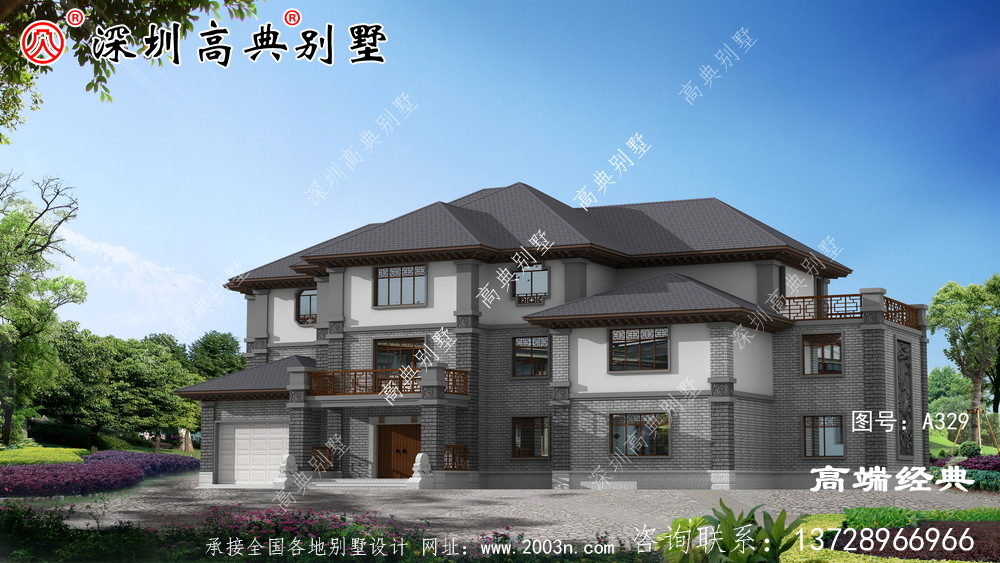 三層新中式別墅設(shè)計圖，附彩色戶型圖