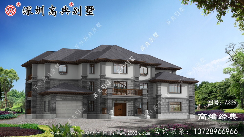 三層新中式別墅設(shè)計圖，附彩色戶型圖