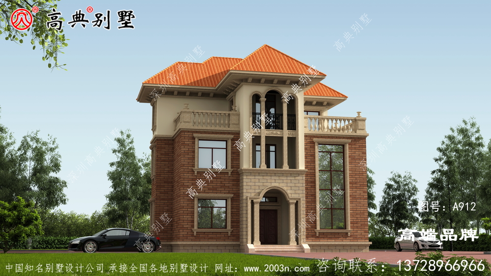 橫向雙露臺作為層次標志 ，強調別墅的層次感