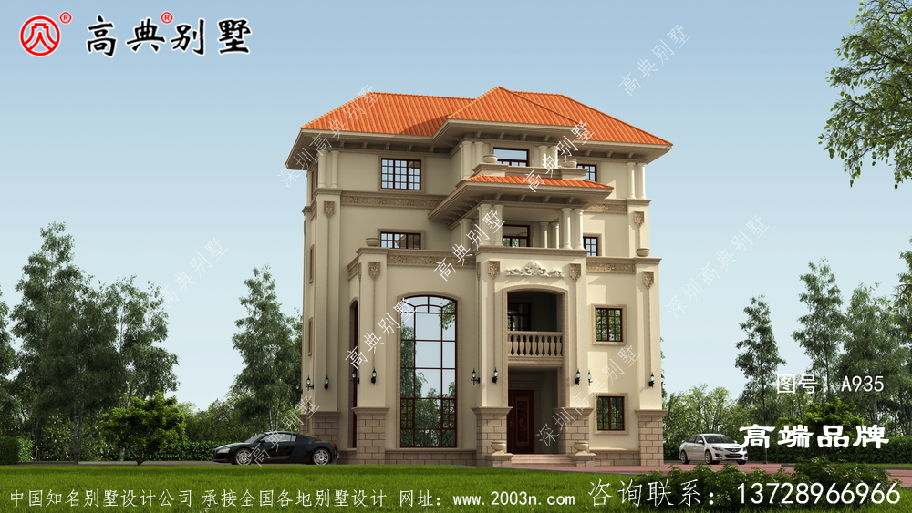 這款大戶型四層復式別墅設計圖 ，有時尚復式落地窗設計