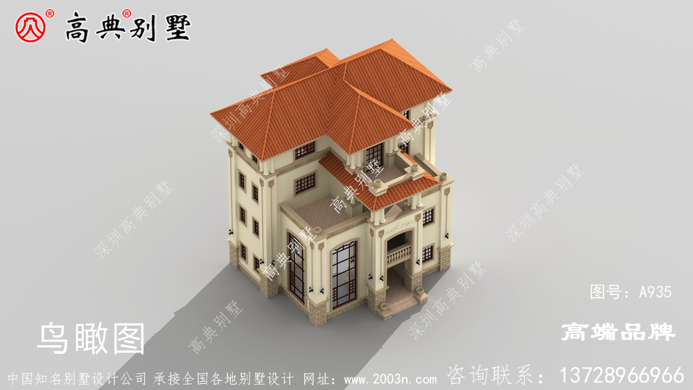這款大戶型四層復式別墅設計圖 ，有時尚復式落地窗設計