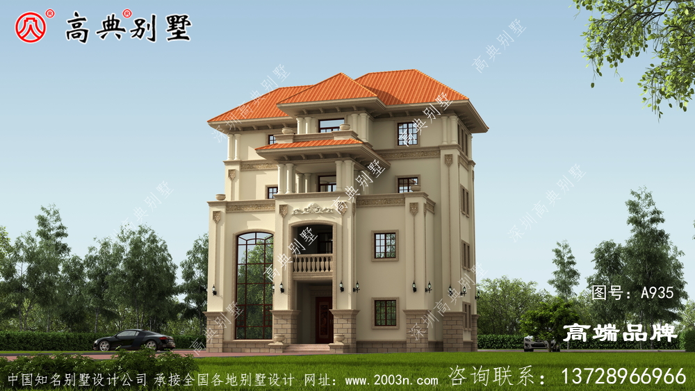 這款大戶型四層復式別墅設計圖 ，有時尚復式落地窗設計